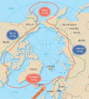겨울철 반영구 고기압과 저기압의 주요 위치 지역